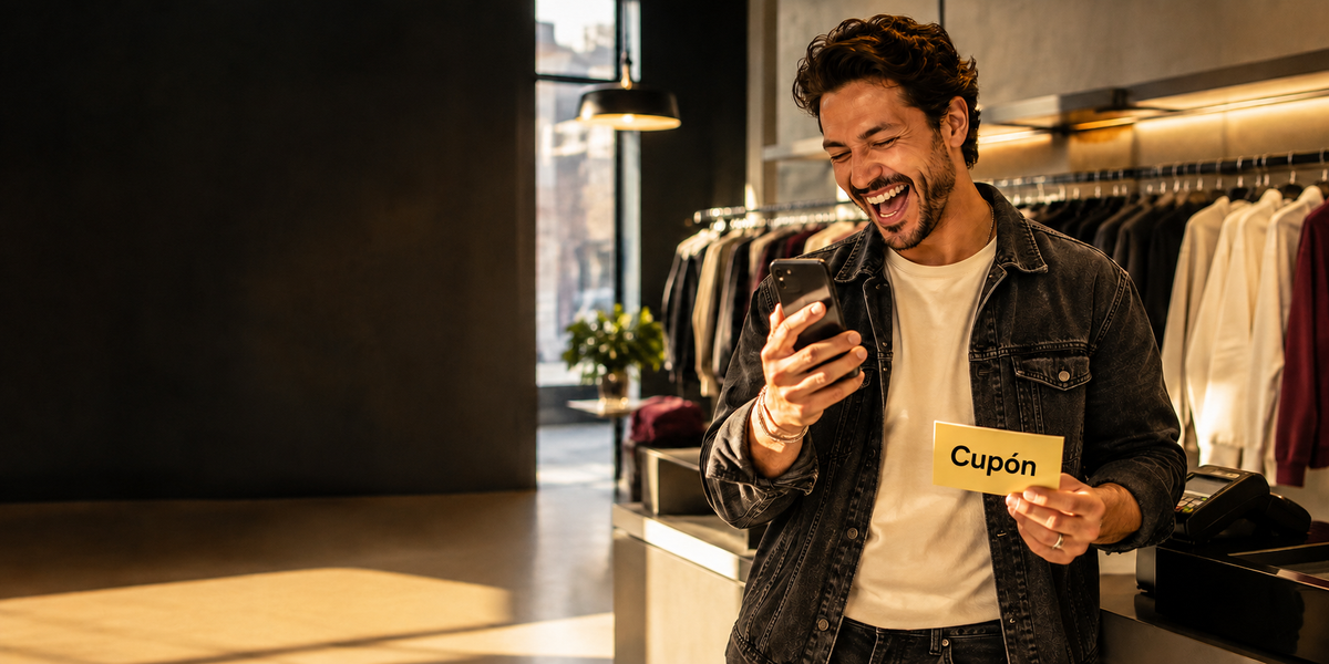 Laughing shopper holding a Cupón discount card in a clothing boutique