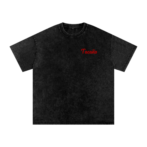 Tacaño washed black T-shirt with red chest logo, front view