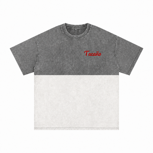 Tacaño washed gray and white color-block T-shirt with red chest logo, front view