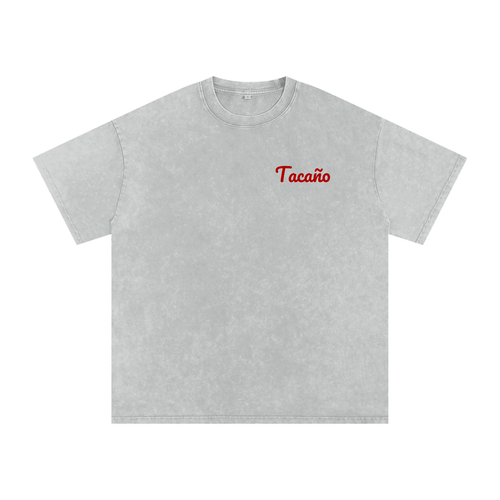 Tacaño washed white T-shirt with red chest logo, front view